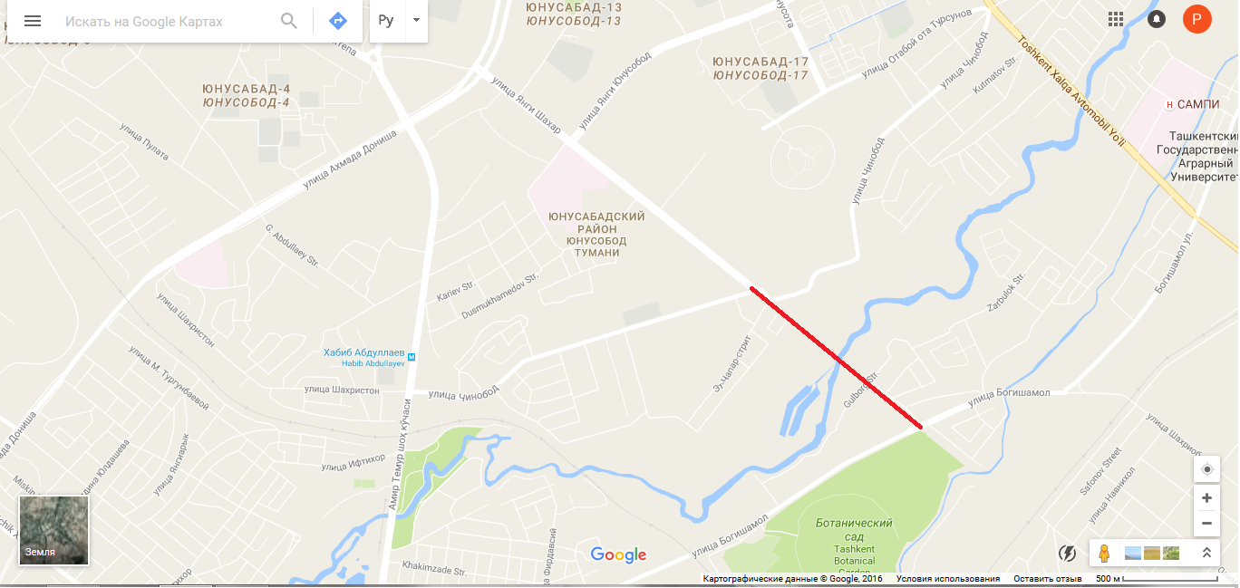 Красной линией выделен участок дороги, который будет построен; карта:google.maps