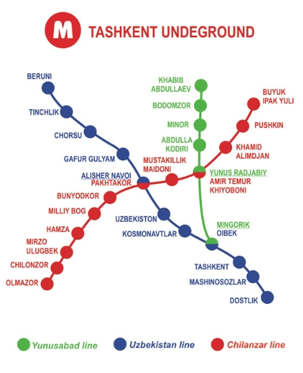 Схема действующих линий метро в Ташкенте; фото: из открытых источников в Интернете