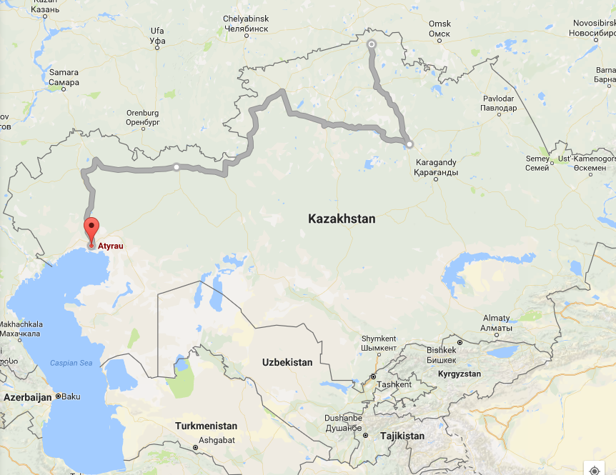 Предполагаемый маршрут от Атырау до Петропавловска, по которому этапируют осужденных активистов; карта: Google