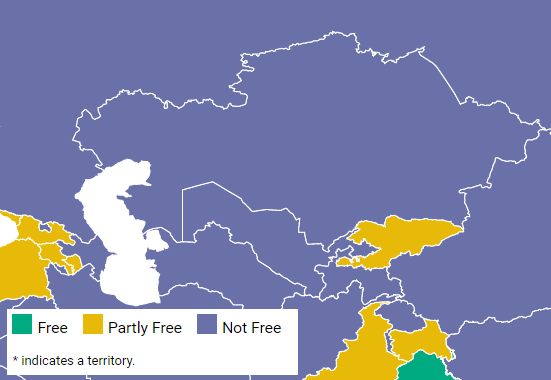 Синим обозначены несвободные страны, желтым - частично свободные; графика: freedomhouse.org