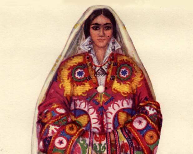 Современный костюм молодой женщины из к. Нушор (Горный Таджикистан, Каратегин); фото: tajik-gateway.org