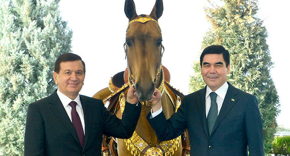 Президент Узбекистана Шавкат Мирзиёев и президент Туркменистана Гурбангулы Бердымухамедов с лошадью, подаренной Мирзиёеву; фото: Туркменистан сегодня