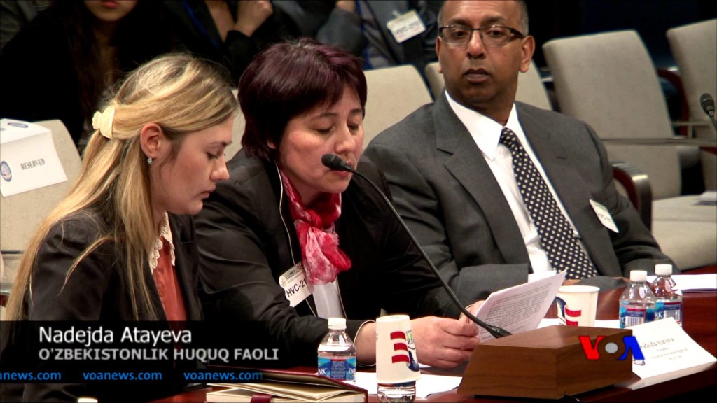 Надежда Атаева на одном из международных заседаний по правам человека; фото: YouTube