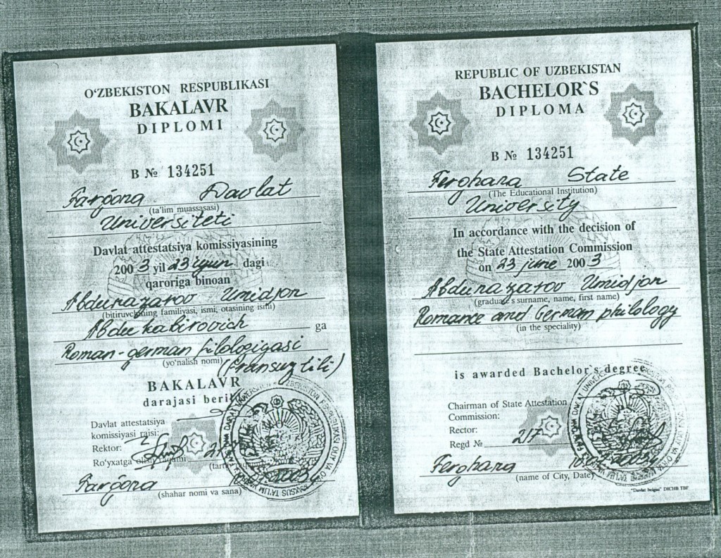 Umid Andunazarov’s diploma issued by the Fergana State University in 2003