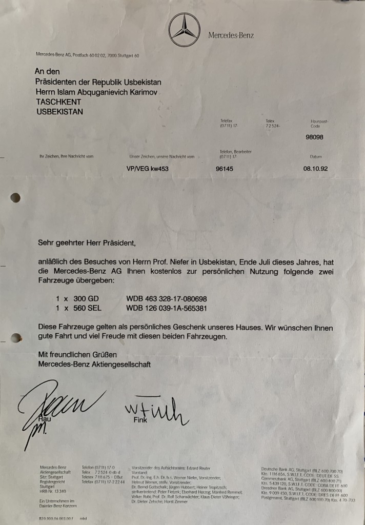 Официальное письмо "Мерседес-Бенц" о личных подарках президенту Исламу Каримову, которые он примет...