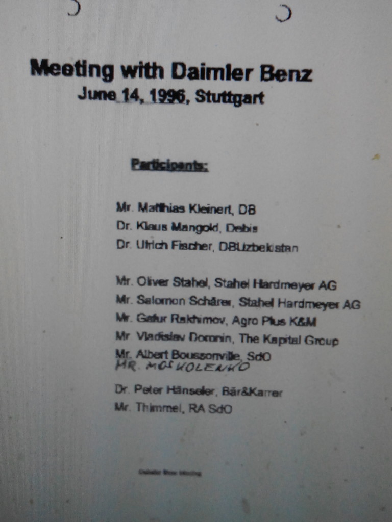 Гафур Рахимов принимает участие на встрече Daimler AG в Штутгарте в 1996 году