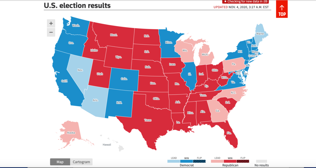 Карта США во время подсчета голосов 4 ноября в 3:30 по времени восточного побережья: скриншот с сайта The Sun