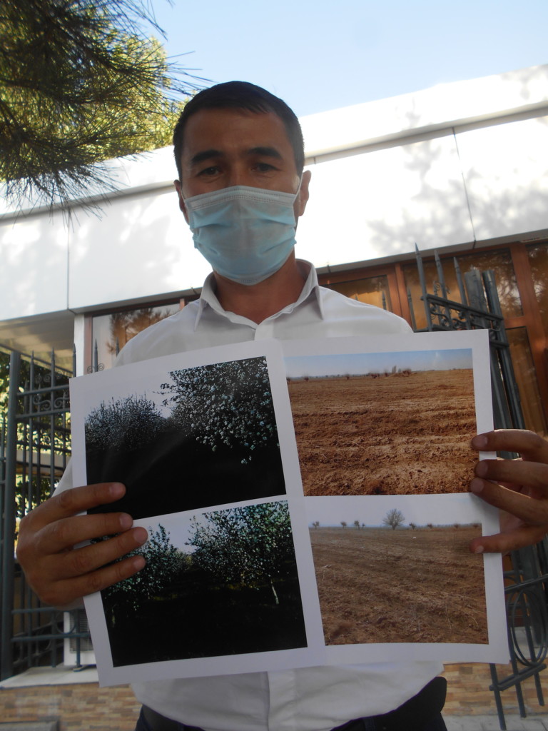 фермер из Постдаргамского района Самаркандской области Акмаль Авганов с фото фруктового сада, а затем после отъема земли... 